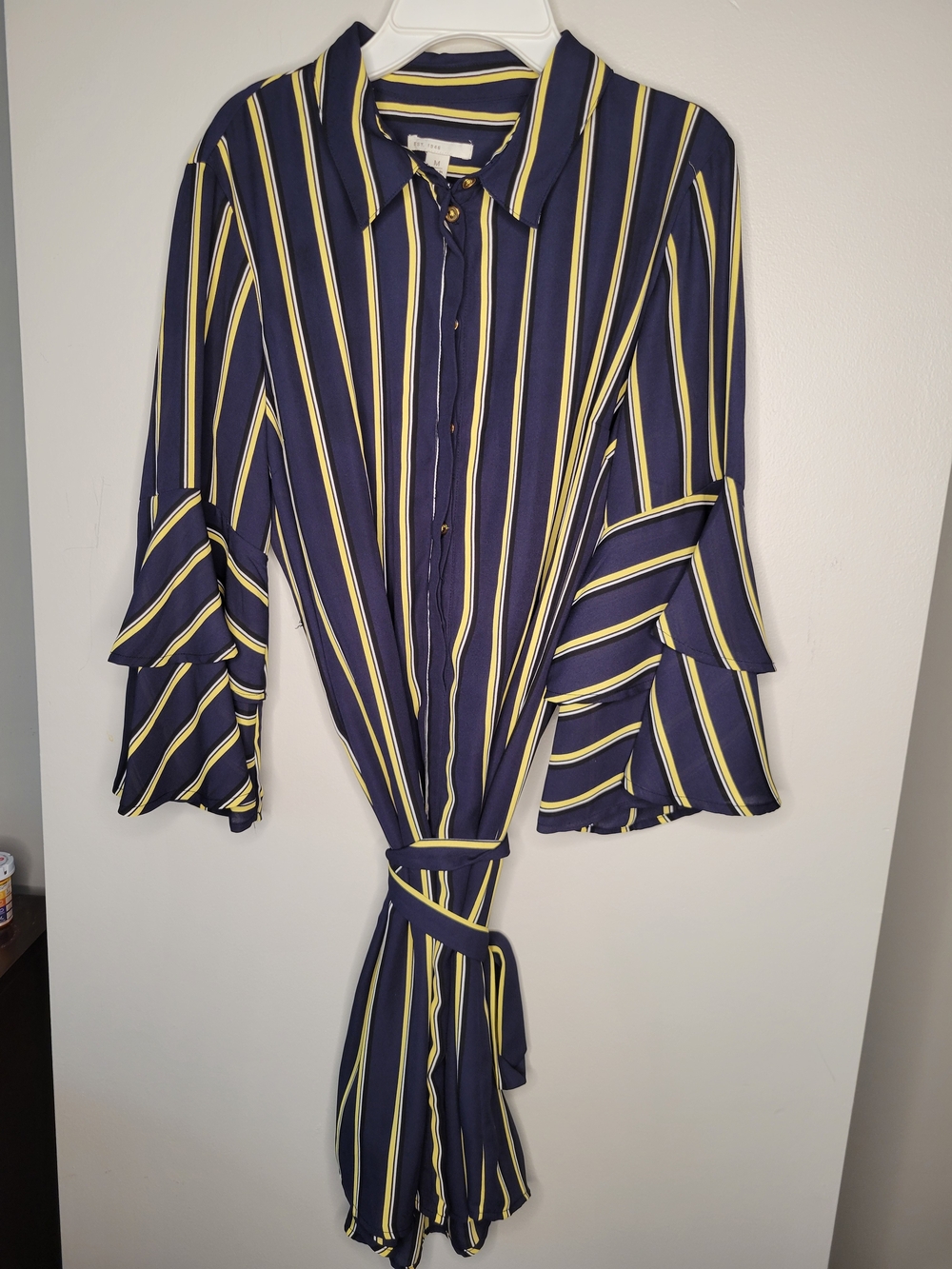 Est. 1946 Navy Yellow Stripe Shirt Dress Women’s M Bell Sleeve Tie Waist Tunic